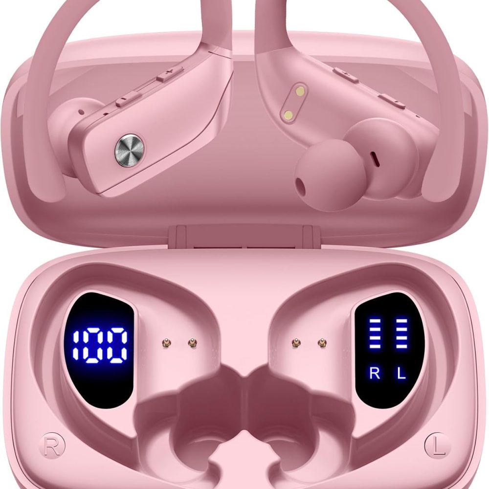 bmani Wireless Earbuds Bluetooth Headphones 48hrs Play Back Sport Earphones with LED Display Over-Ear Buds with Earhooks Built-in Mic Headset for Workout Pink